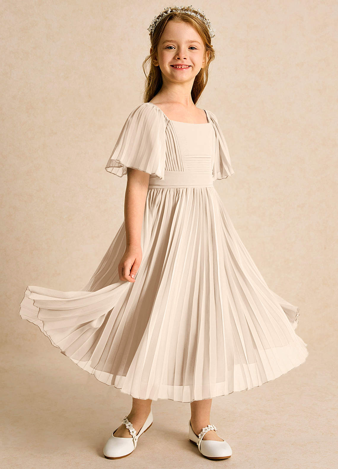 Azazie Gisele Robe Demoiselle D'honneur Fillette Robe Trapèze en Mousseline de soie Plissée Albâtre Blanc image1