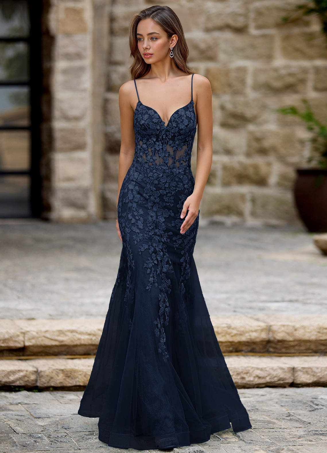 fitted lace wedding dress Light Blue Lace Mermaid Prom Dresses Open Back main image 1
