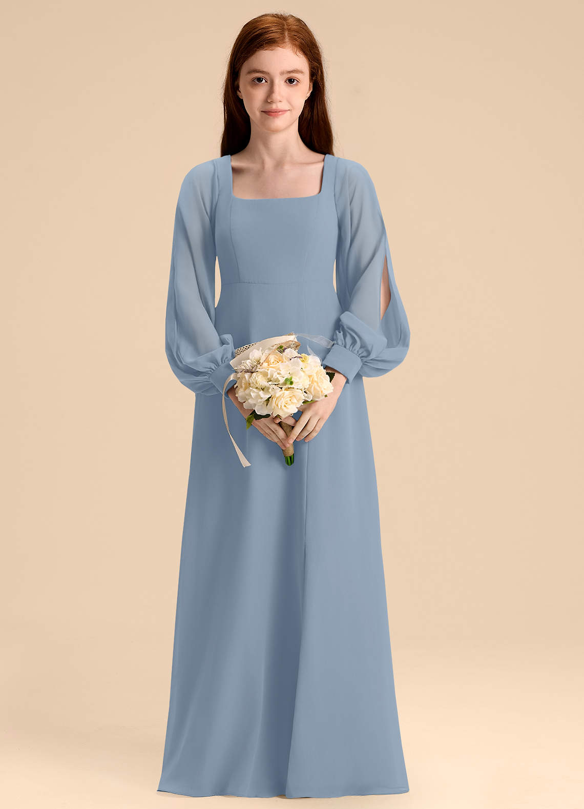 Azazie Bondi Junior Dusty Blue A-Line Blouson Chiffon Dress image1