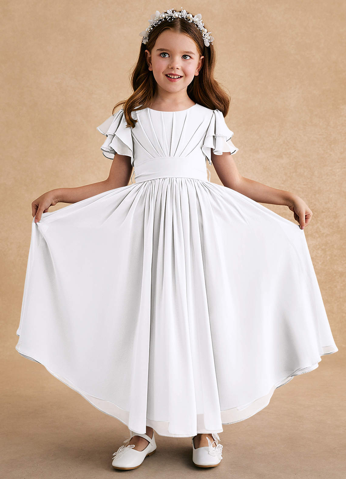 Azazie Ali Abiti da Ragazza di Fiori Abito A-Line in Chiffon Plissettato Bianco image1