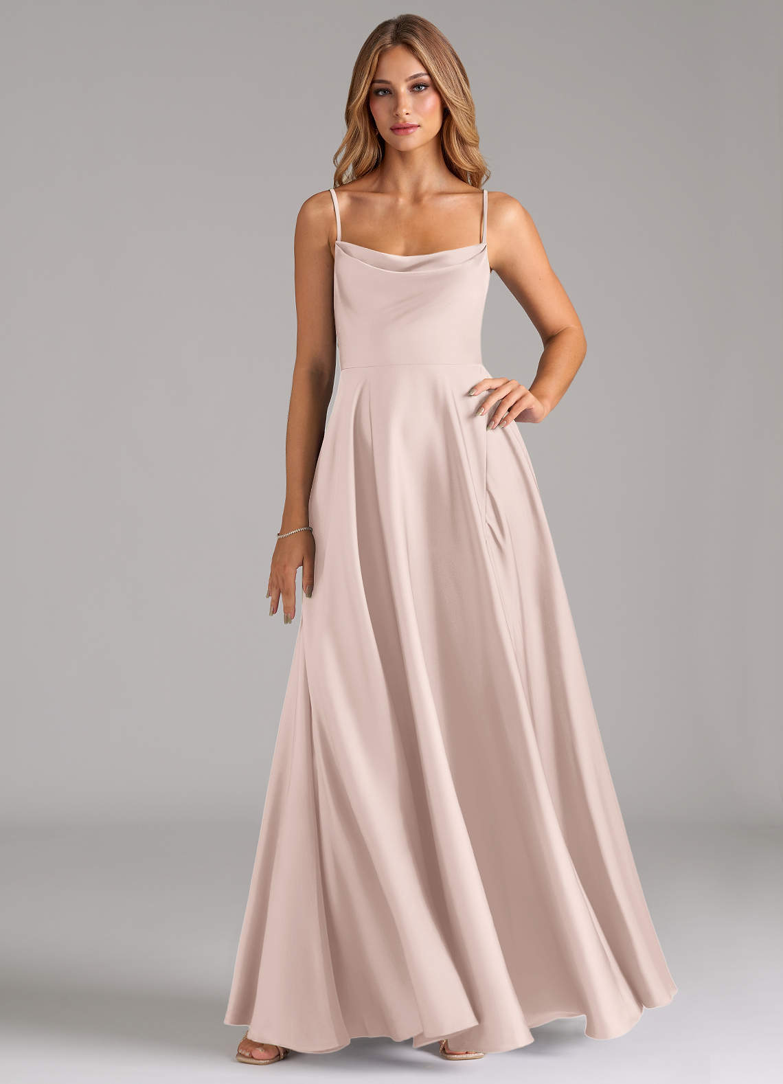 Azazie Elle Bridesmaid Dresses Blushing Pink A-Line Pleated Stretch Satin Dress image1
