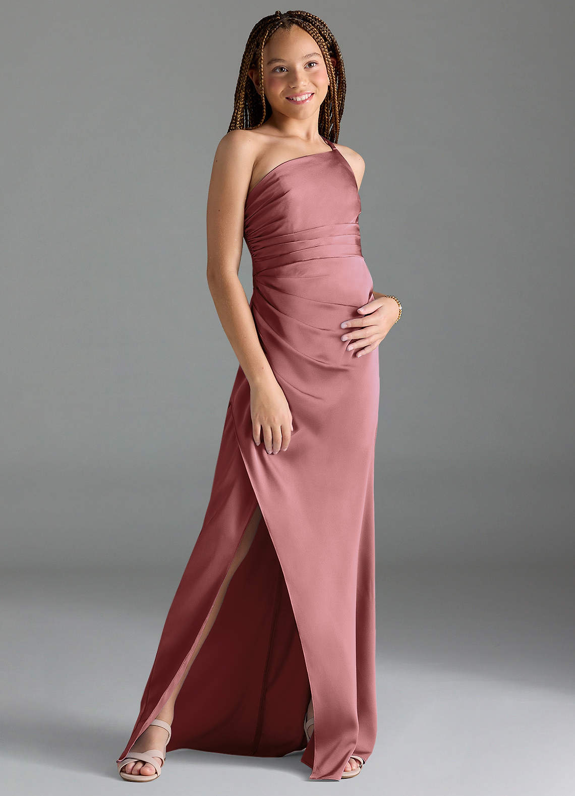 Azazie Eren Junior Vestido Ametista de Cetim elástico de Bainha com Plissado image2