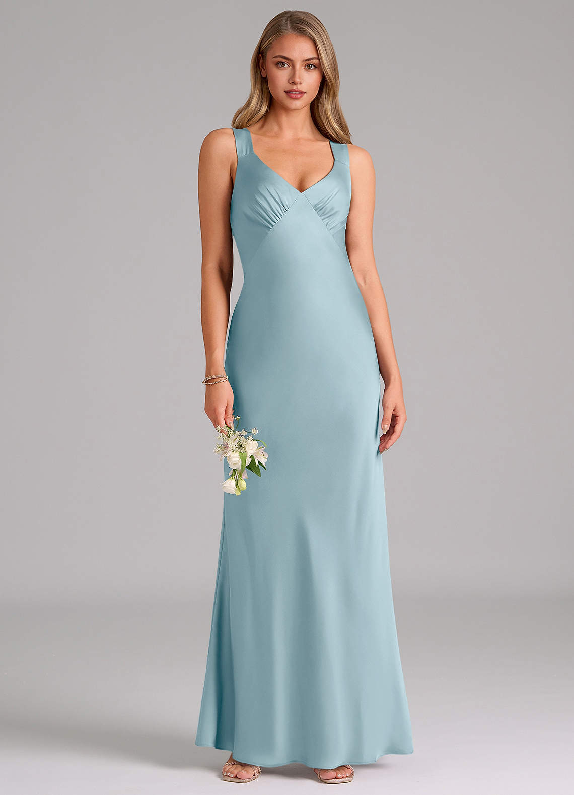 Azazie Kamila Bridesmaid Dresses Moody Blue A-Line Pleated Stretch Satin Dress image1