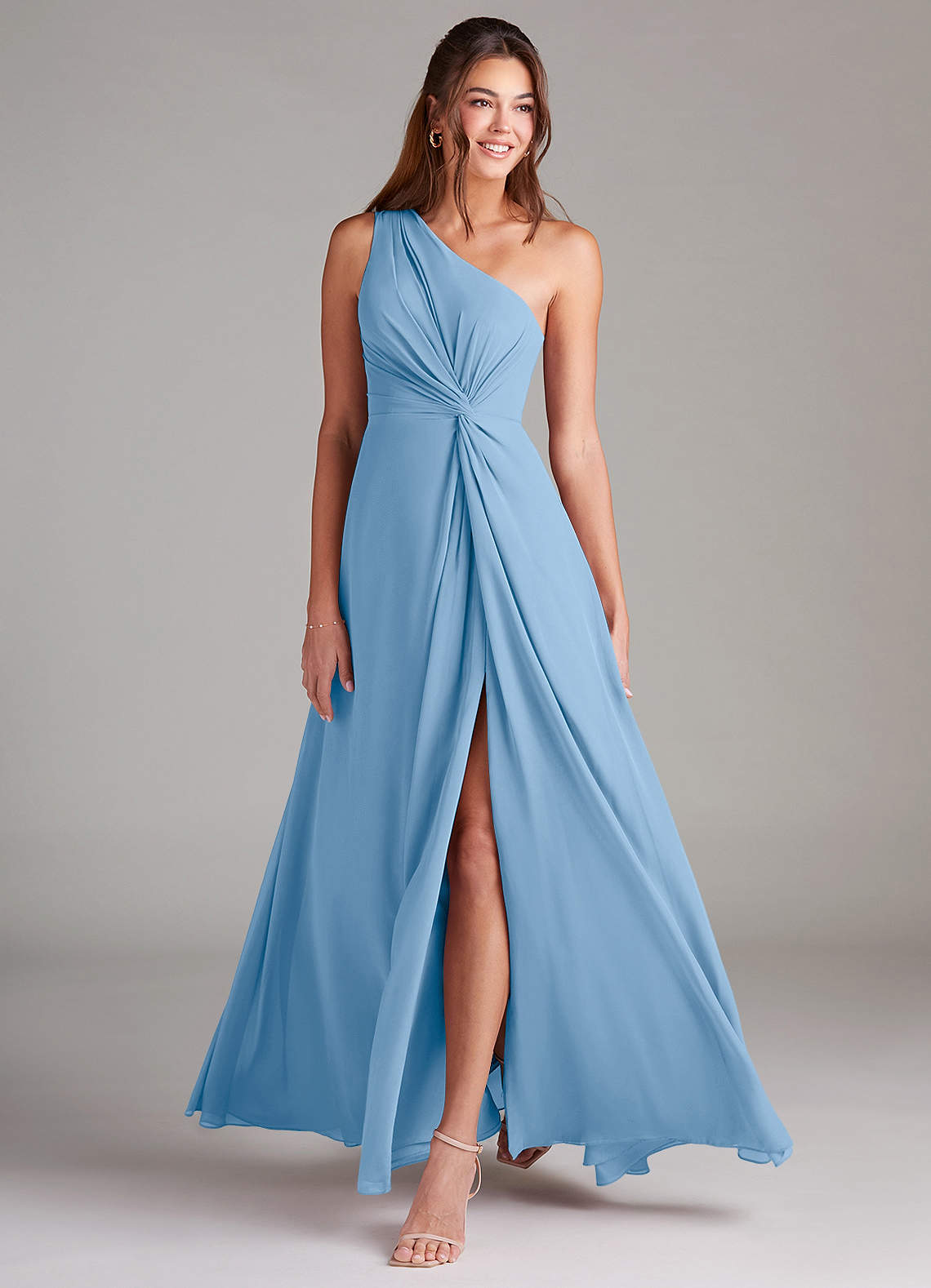 Azazie Brooke Bridesmaid Dresses Powder Blue A-Line One Shoulder Chiffon Dress image2