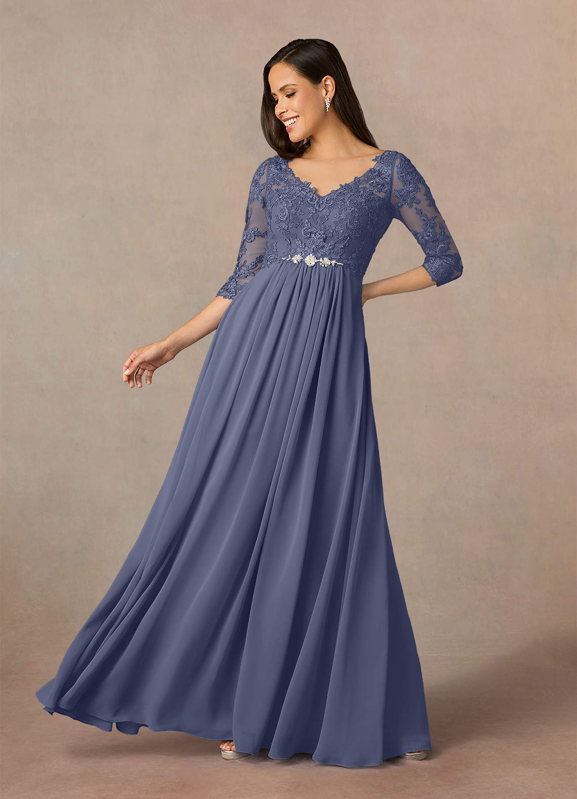 Azazie Hayek Mother of the Bride Dresses Stormy A-Line V-Neck Lace Chiffon Dress image1