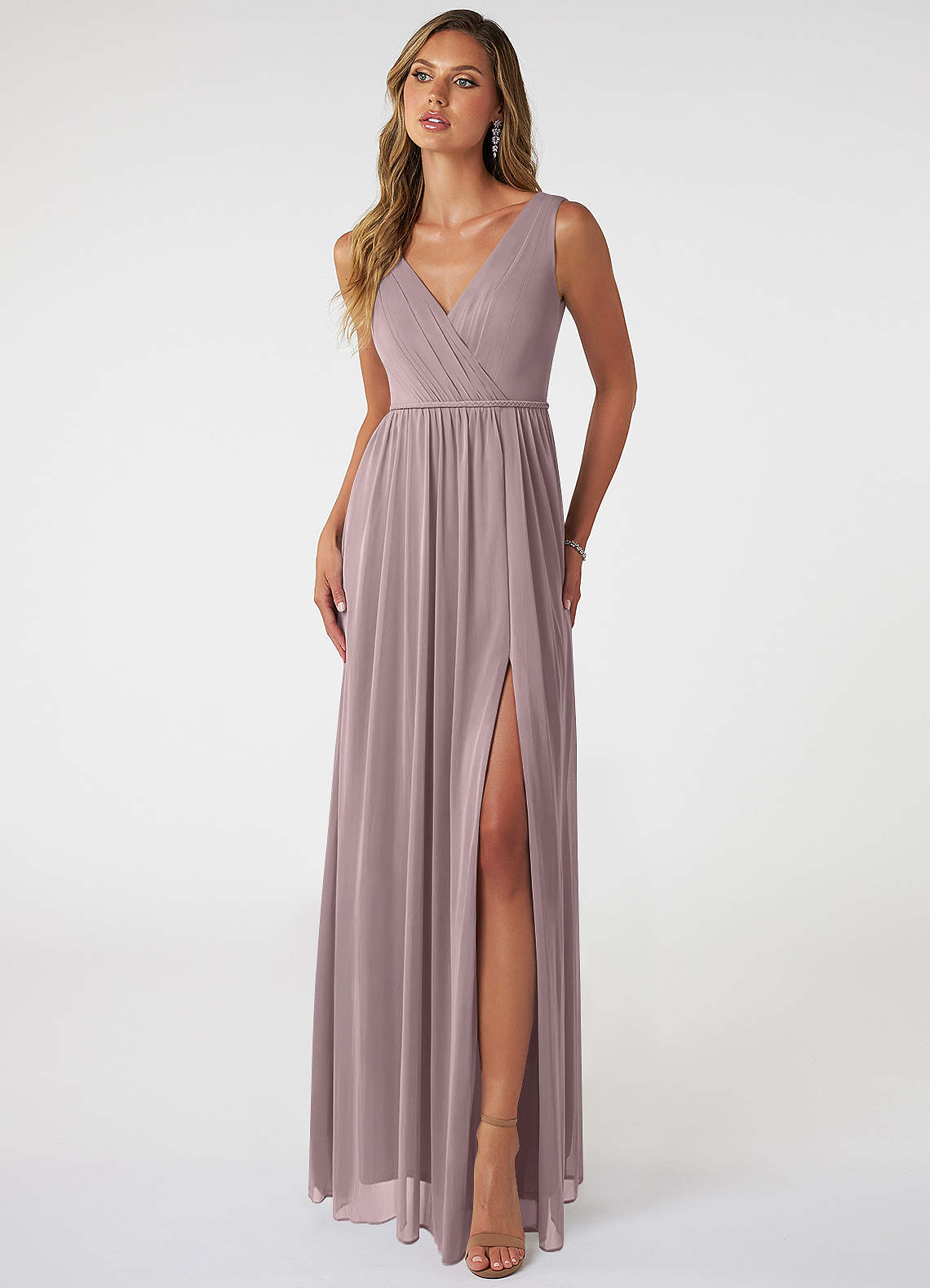 Azazie Tanicia Brautjungfernkleider A-Linie V-Hals Gefaltet Gittergewebe Kleid Dämmerung image1
