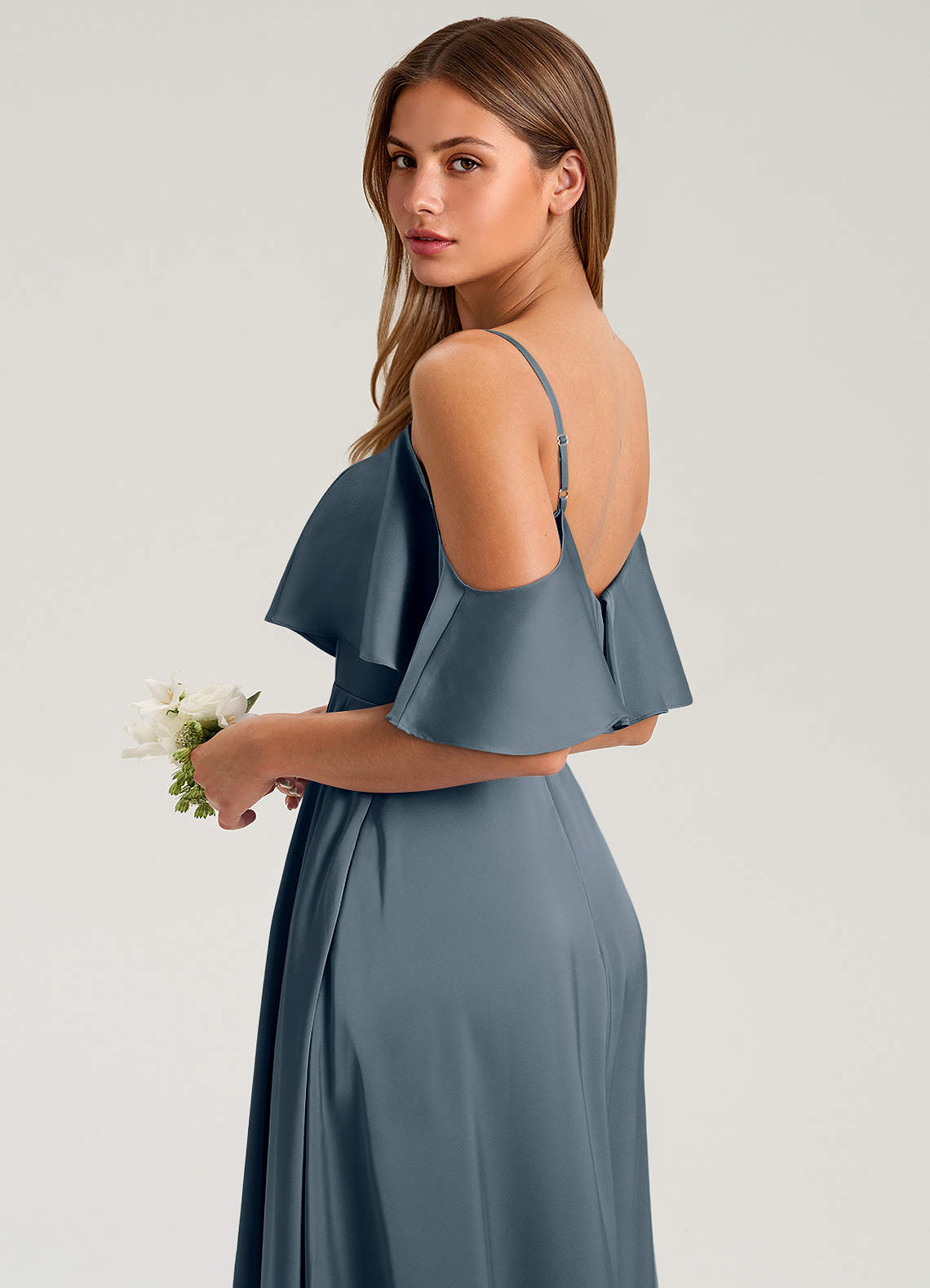 Azazie Jean Probar vestidos en casa Vestido de Azul Marino Oscuro de Satén Elástico de Corte en A con Vestidos sin tirantes image6