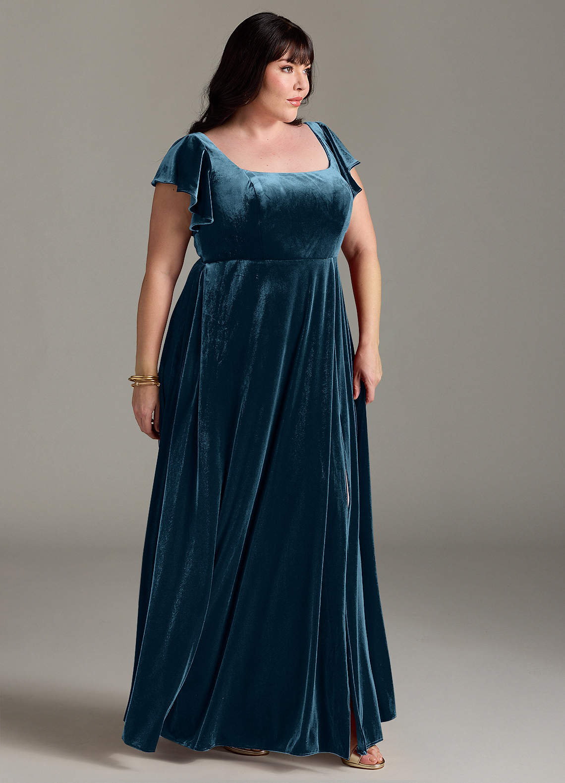 Azazie A-Line Square Neck Floor-Length Velvet Bridesmaid Dresses Blue Topaz