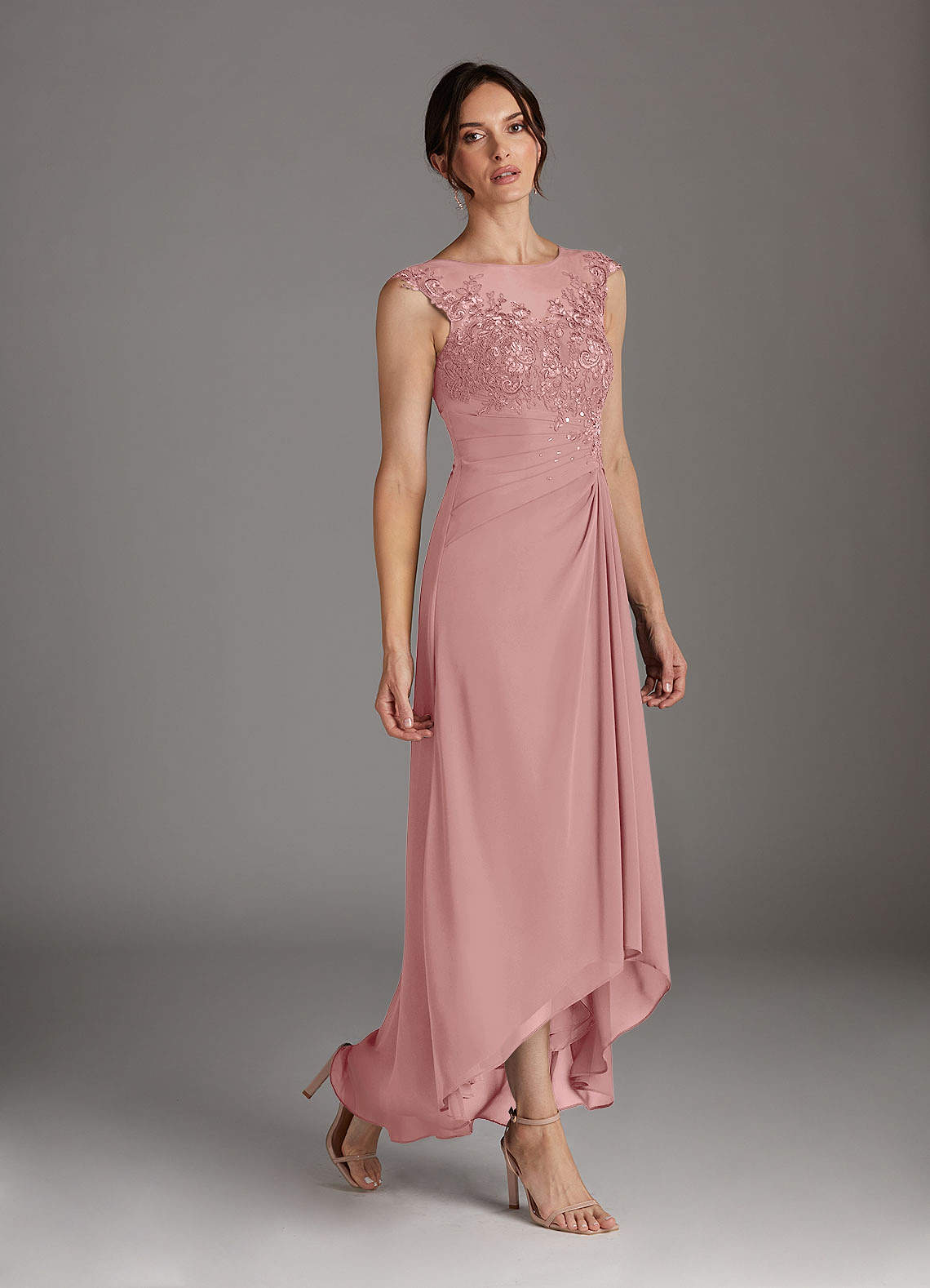 Azazie Endora Dusty Rose A-Line Scoop Lace Chiffon Dress Ready to