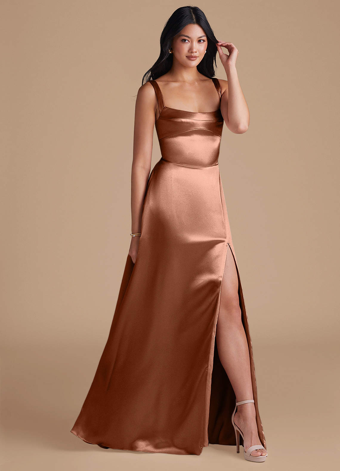Azazie Hope At-home Try On Dresses Bronzer A-Line with Pockets Metallic Satin Dress image1