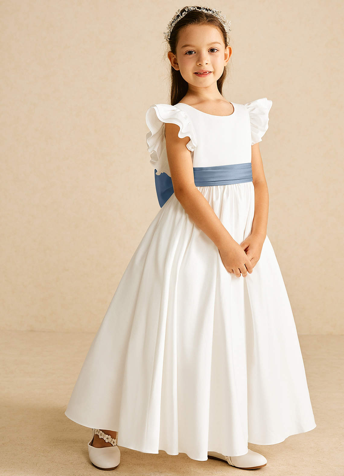 Azazie Aero Flower Girl Dresses Ivory Dusty Blue A-Line Pleated Cotton Dress image4