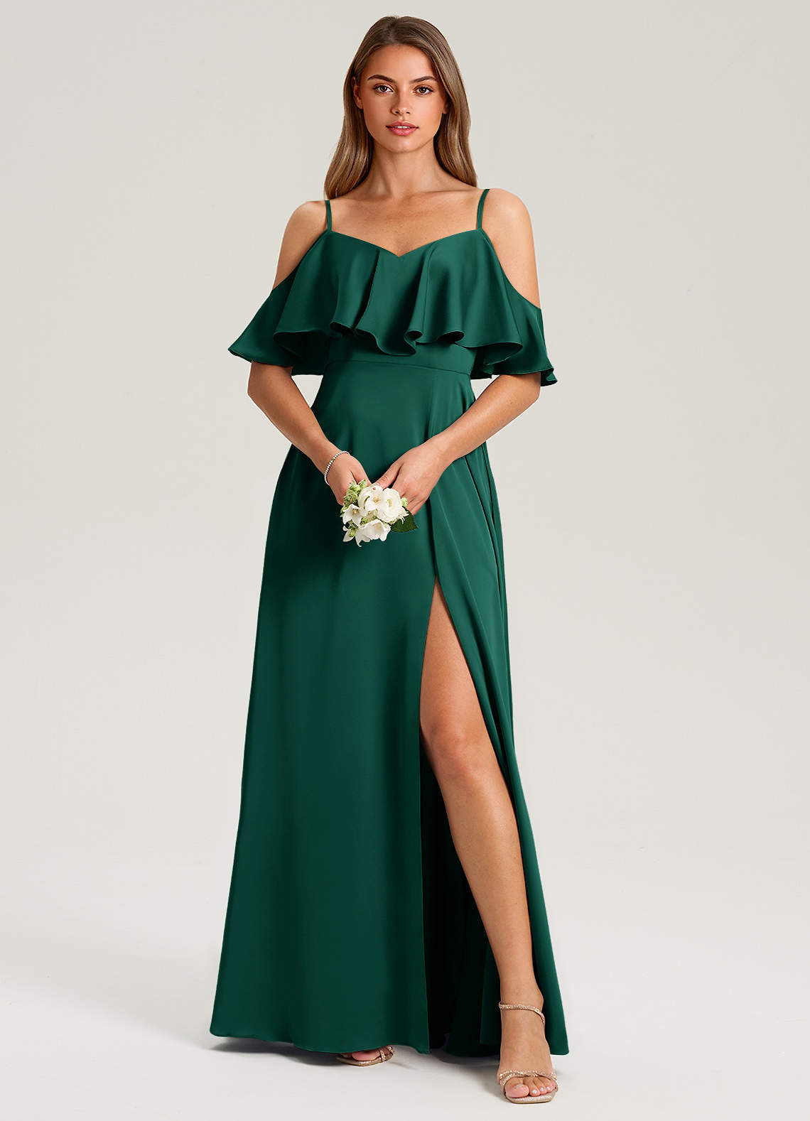 Azazie Jean Vestidos de damas de honor Vestido de Esmeralda de Satén Elástico de Corte en A con Vestidos sin tirantes image1
