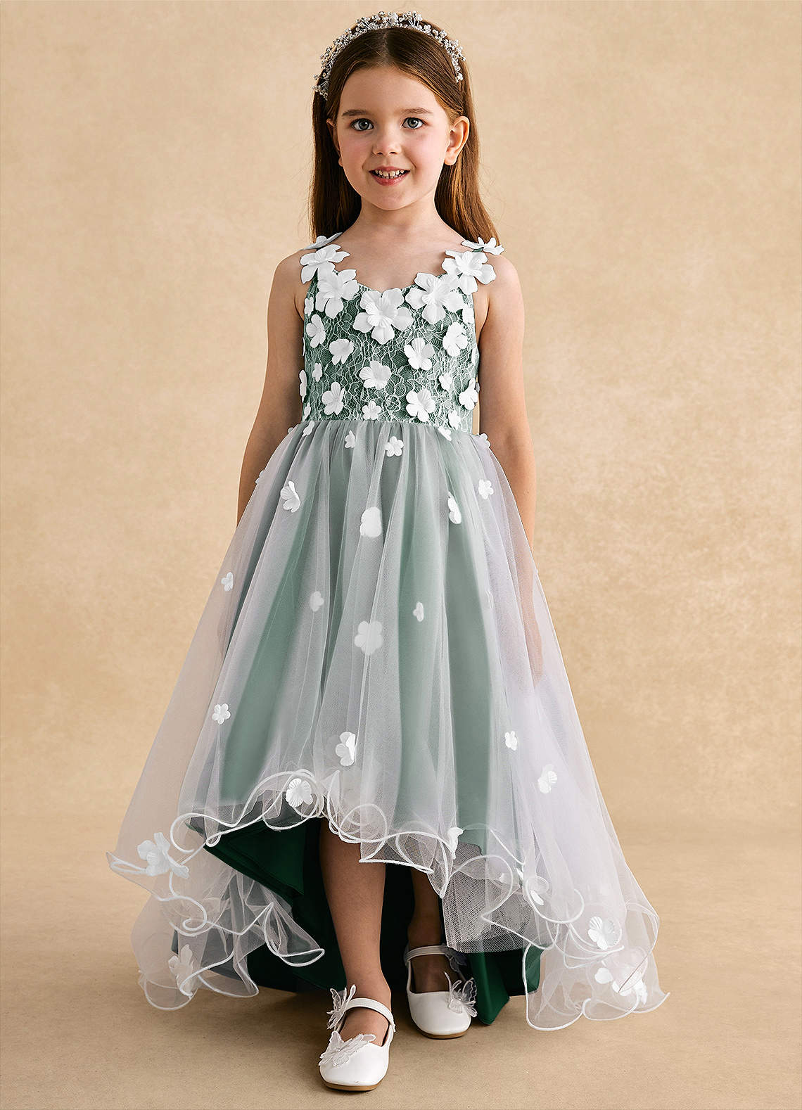 Azazie Celia Flower Girl Dresses Dark Green A-Line Lace Tulle Dress image6