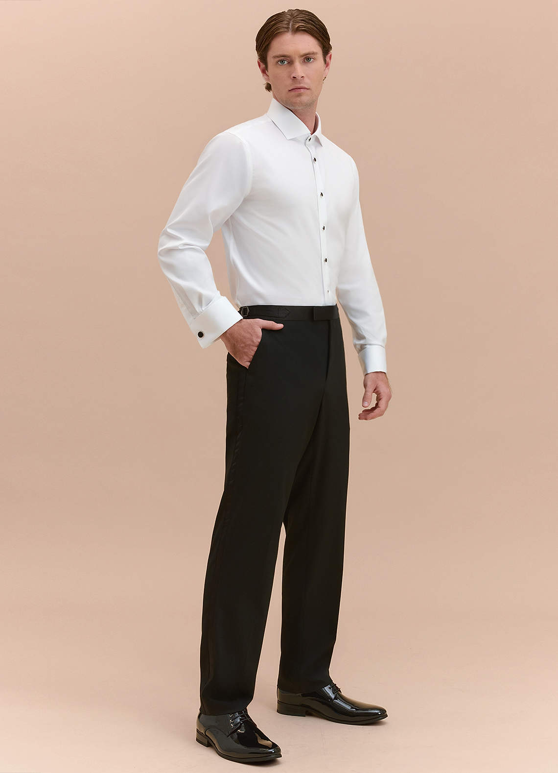 front Henry White Stud-Front Cotton Tuxedo Shirt