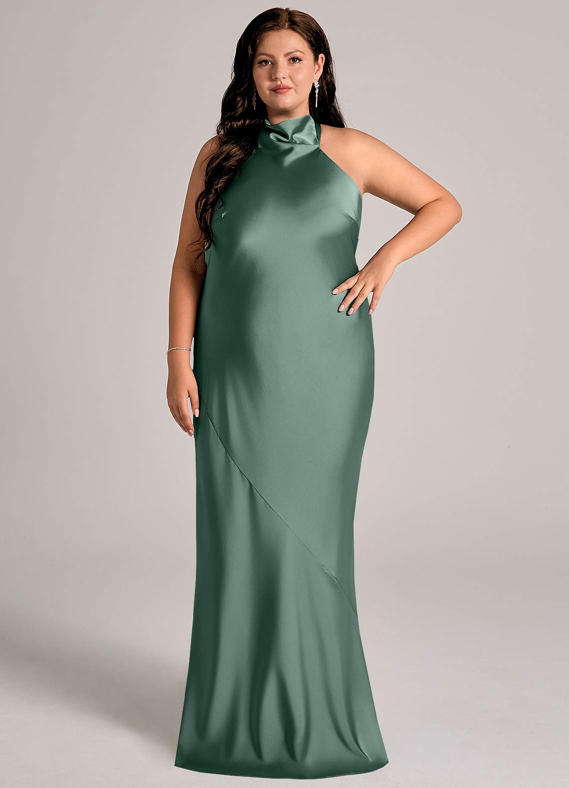Azazie Velli Abiti da Damigella Abito Sirena in Raso Elasticizzato Collo Alto Eucalipto image1