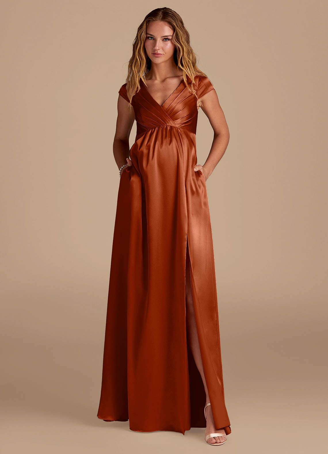 Azazie Allessia At-home Try On Dresses A-Line Metallic Satin Floor-Length Dress image3