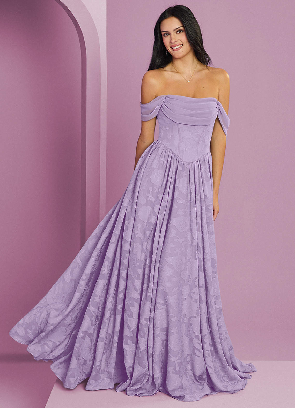 Barbie ♥ Azazie Bridesmaid Dresses Lilac A-Line Off the Shoulder Floral Burnout Convertible Dress image1