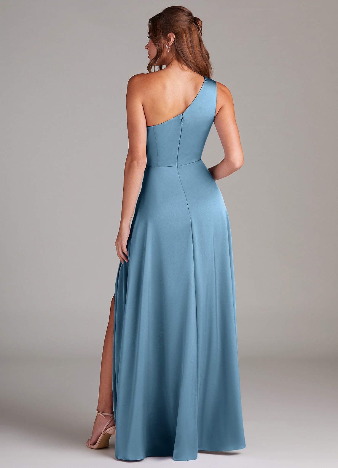 Azazie Brooke Bridesmaid Dresses Steel Blue A-Line One Shoulder Stretch Satin Dress image6