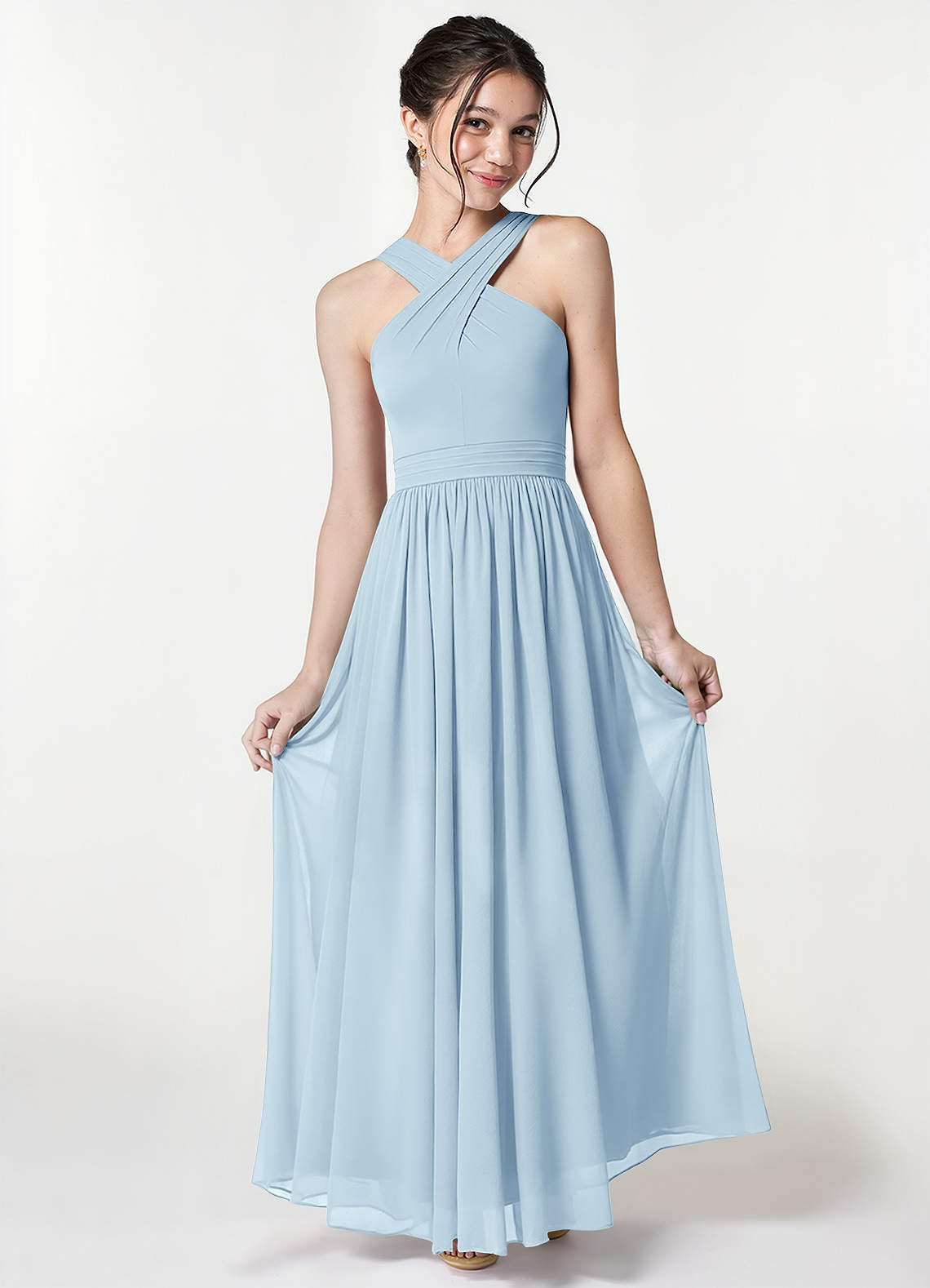 Azazie Jiya Junior Sky Blue A-Line Pleated Mesh Dress image1