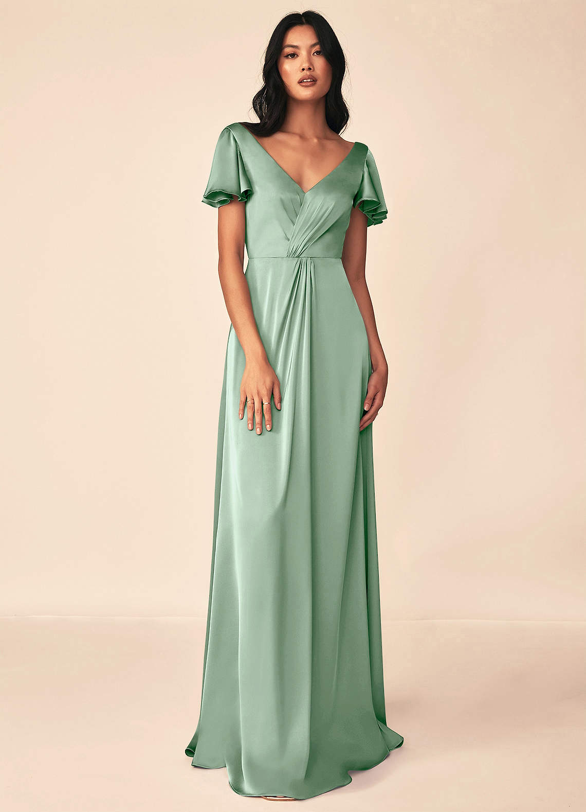 Azazie Soren Bridesmaid Dresses Agave A-Line Pleated Stretch Satin Dress image1