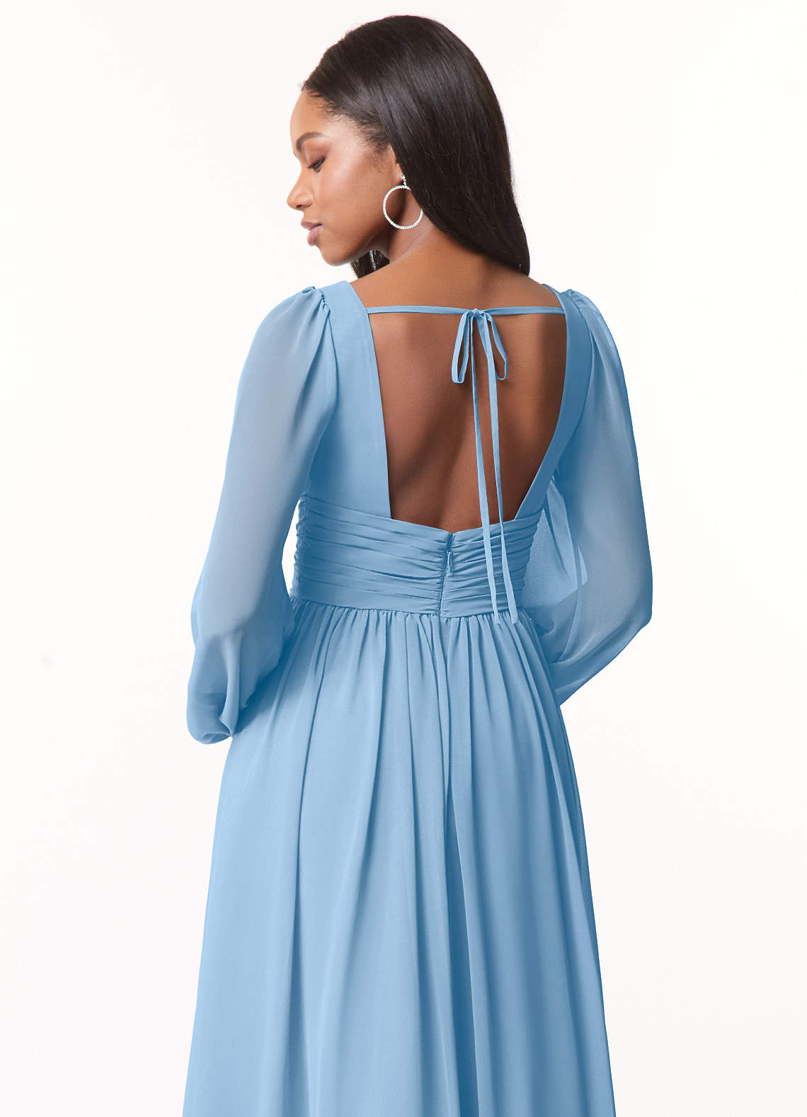 Azazie Norah Jurken voor bruidsmeisjes Jurk van Chiffon met A-lijn V-hals lange mouw Poederblauw image2