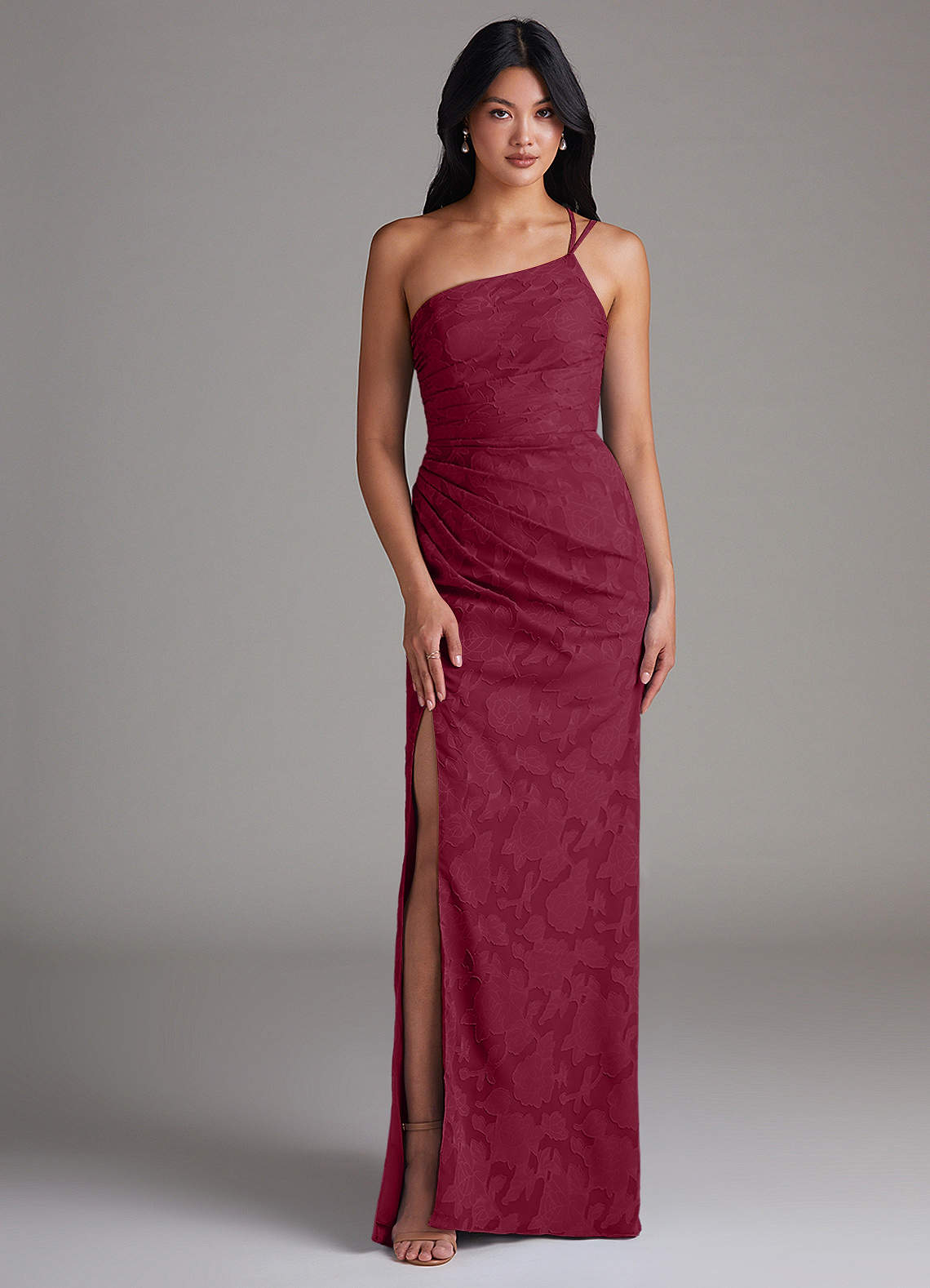 Azazie Eren Bridesmaid Dresses Burgundy Sheath One Shoulder Floral Burnout Dress image1