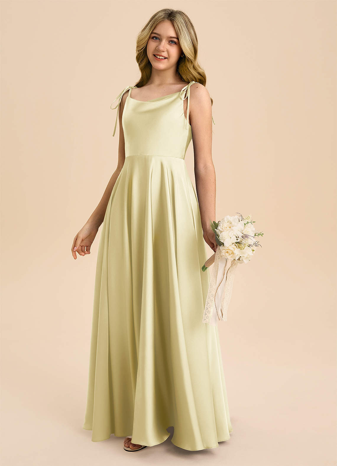 Azazie Popsy Junior Lemon Sorbet A-Line Bow Stretch Satin Dress image6