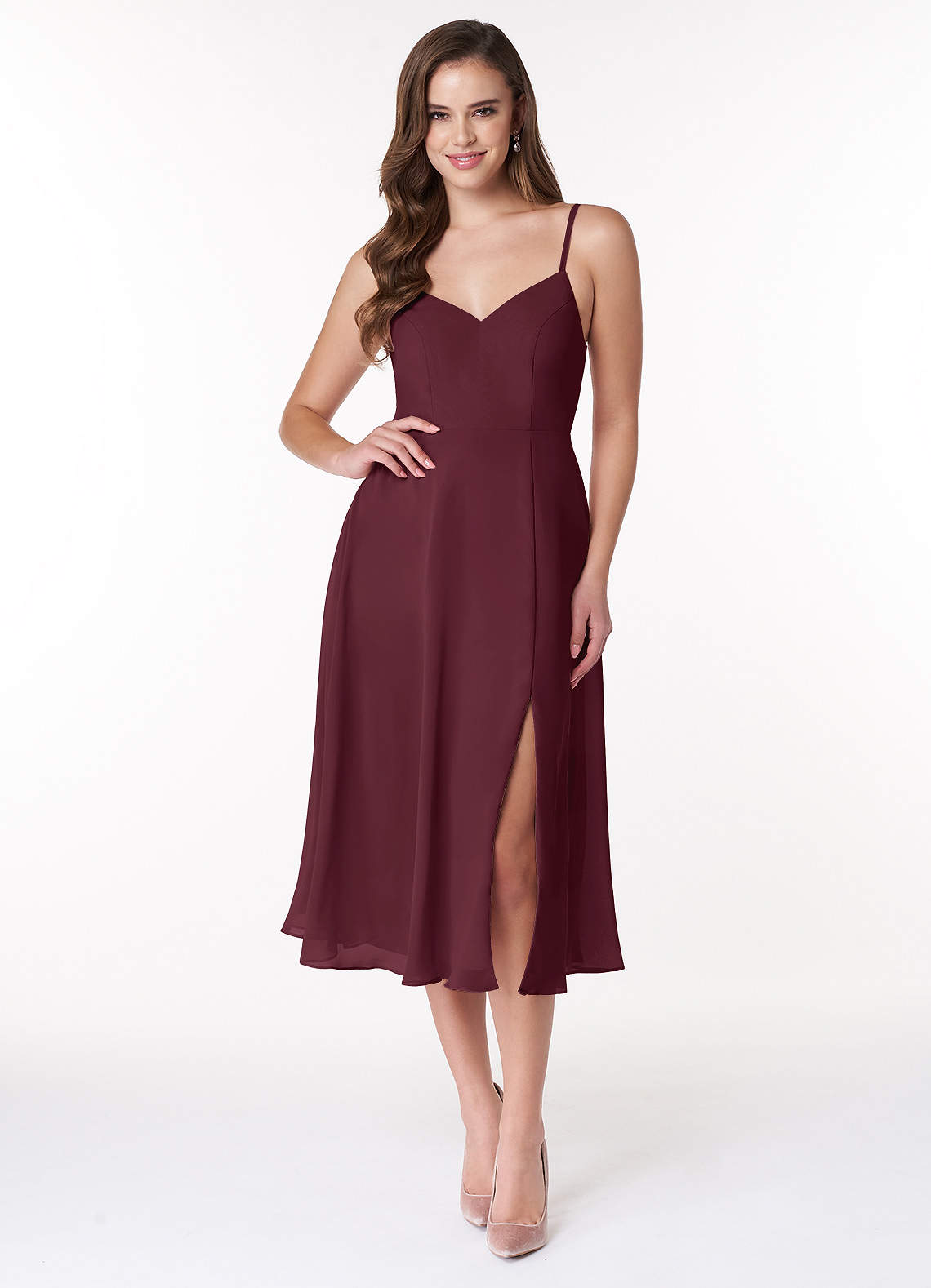 Azazie Clarissa At-home Try On Dresses Cabernet A-Line V-Neck Chiffon Dress image1