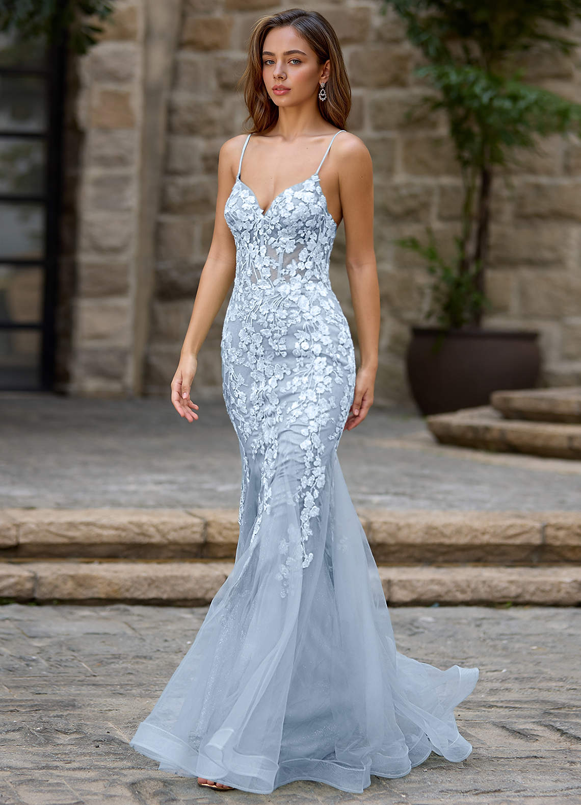 Dentelle Azul Claro Vestido de fiesta de sirena image1