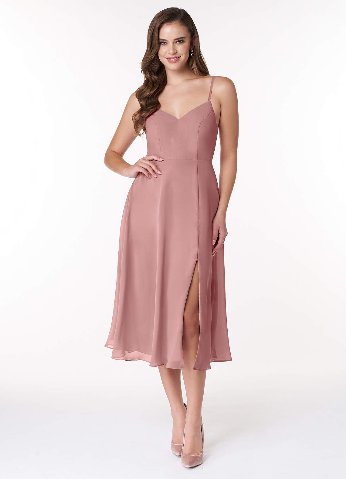 Azazie Clarissa Bridesmaid Dresses Dusty Rose A-Line V-Neck Chiffon Dress image1