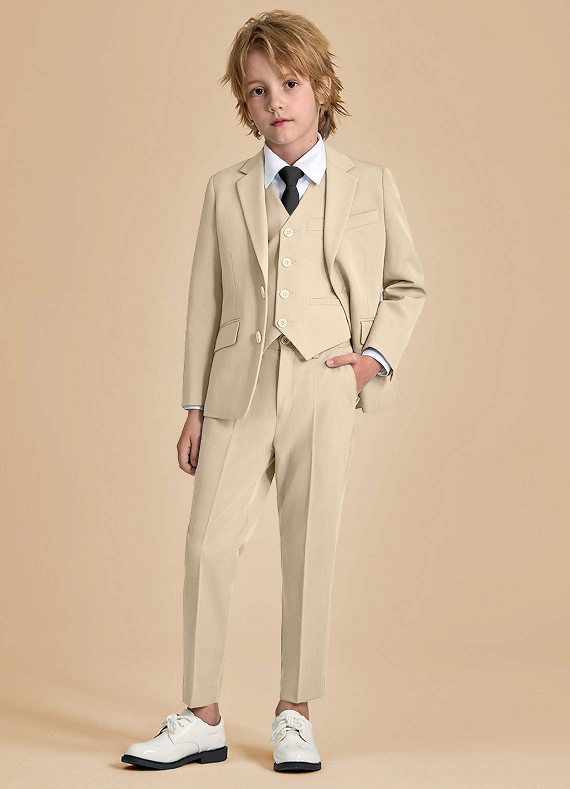 front Oliver Tan Boys 5-Piece Suit with Pre-tie