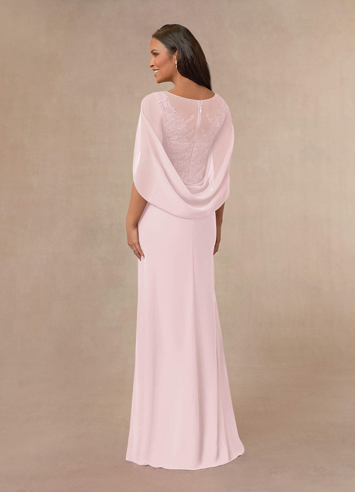 Azazie Hera Mother of the Bride Dresses Blushing Pink A-Line Lace Capelet Chiffon Dress image2