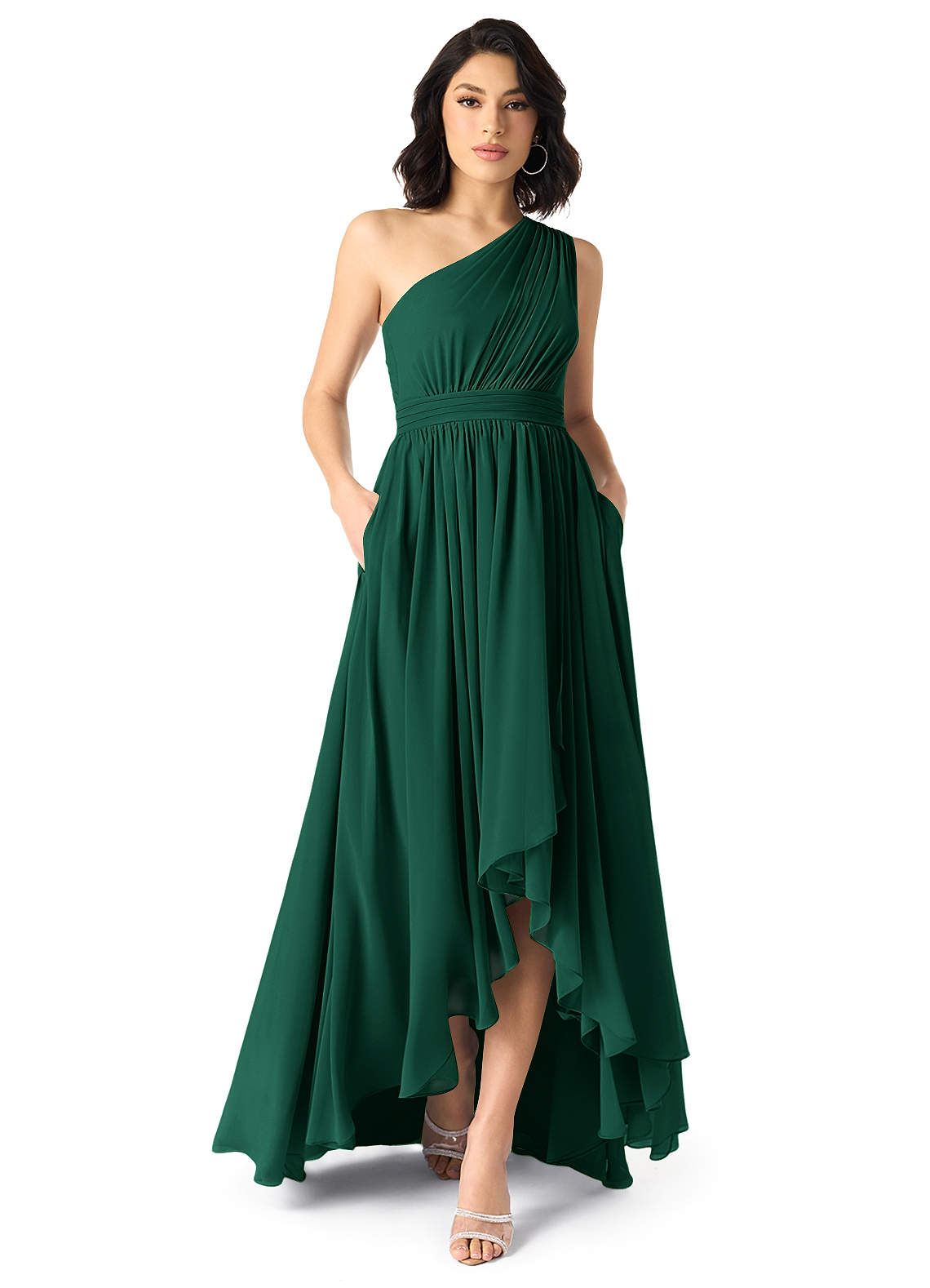 Azazie Mathilda Bridesmaid Dresses Emerald A-Line One Shoulder Chiffon Dress image1