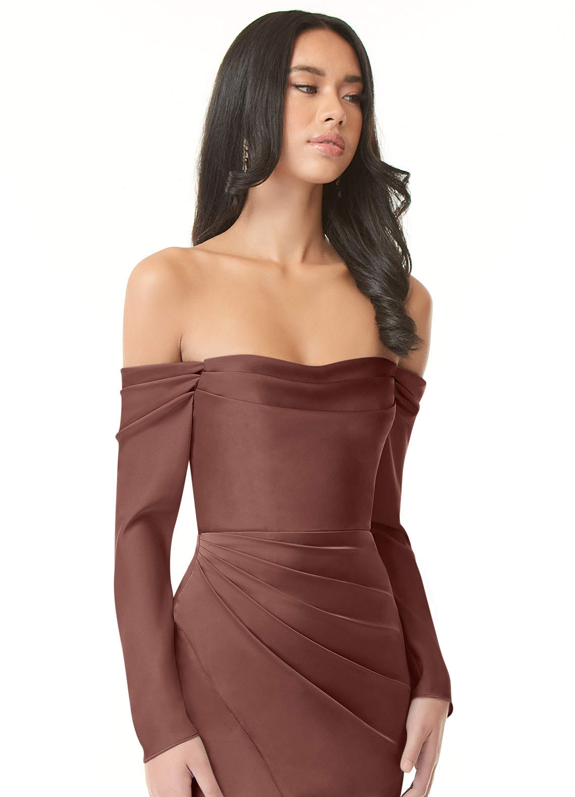 Azazie Hallie Bridesmaid Dresses Espresso Sheath Off-The-Shoulder Long Sleeve Stretch Satin Convertible Dress image1