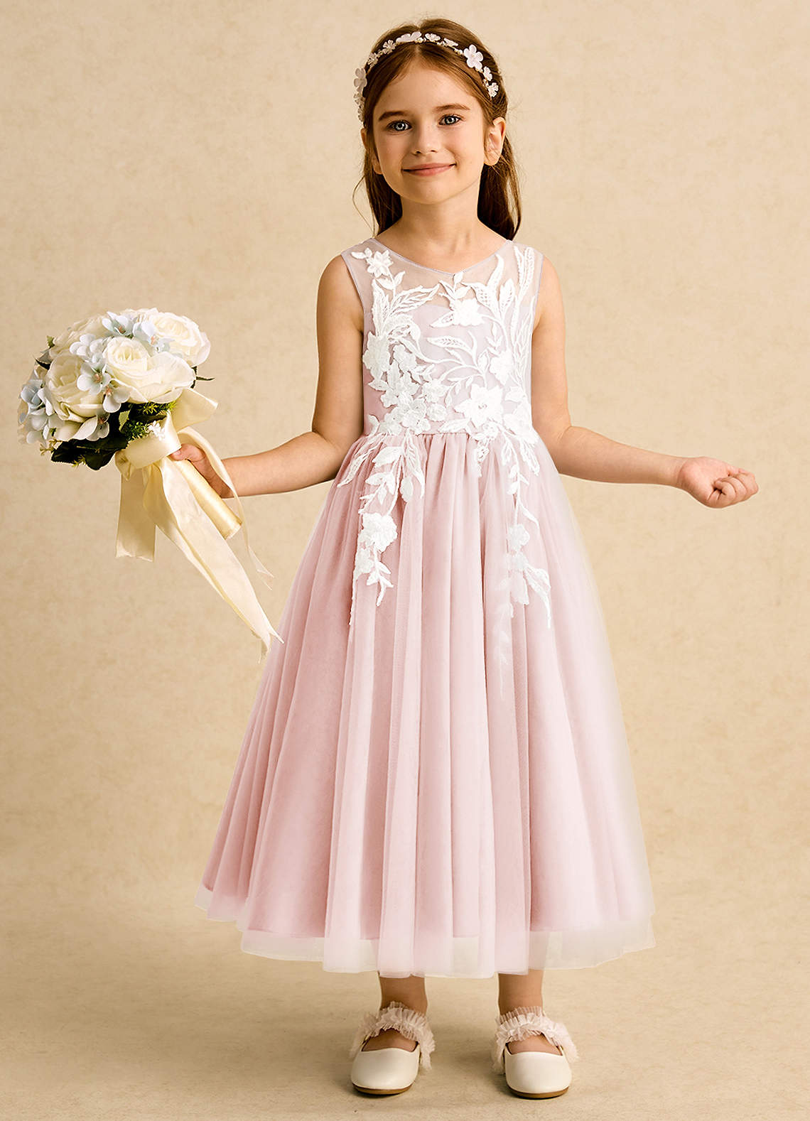 Azazie Sundae Robe Demoiselle D'honneur Fillette Robe Princesse en Dentelle Rose Pâle image1