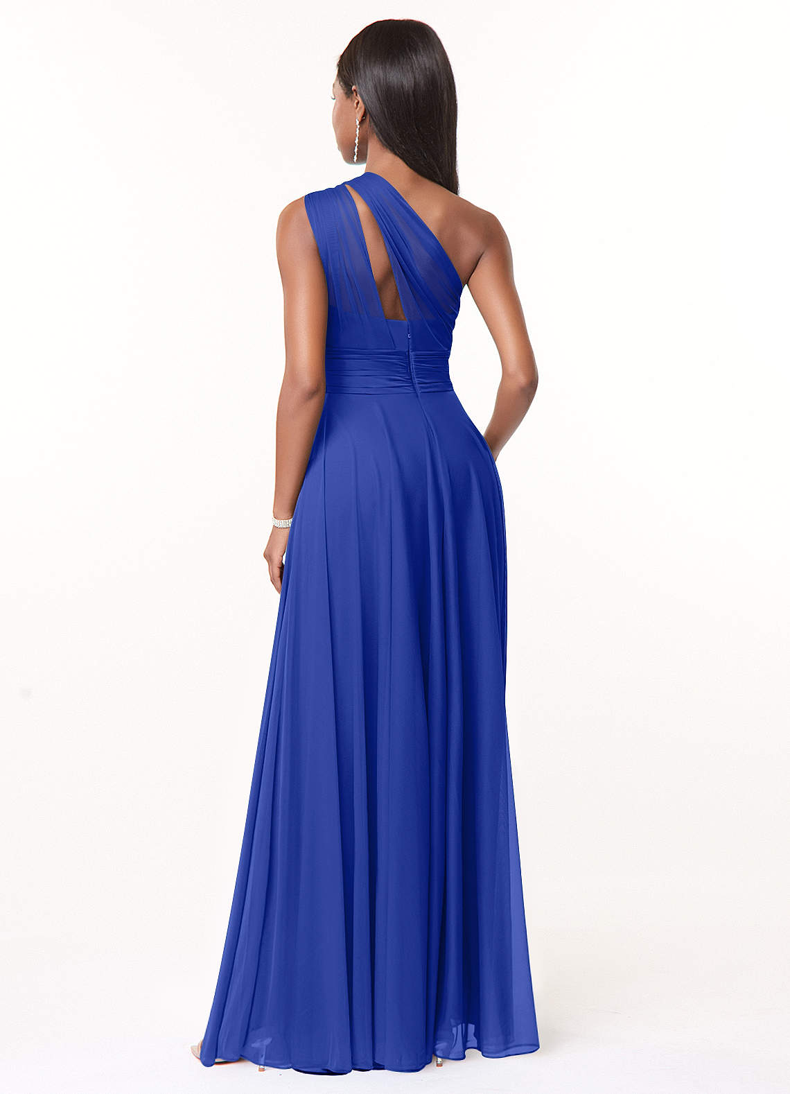 Azazie Charlize Vestidos de damas de honor Vestido de Azul Real de Malla de Corte en A con Hombro unilateral image1