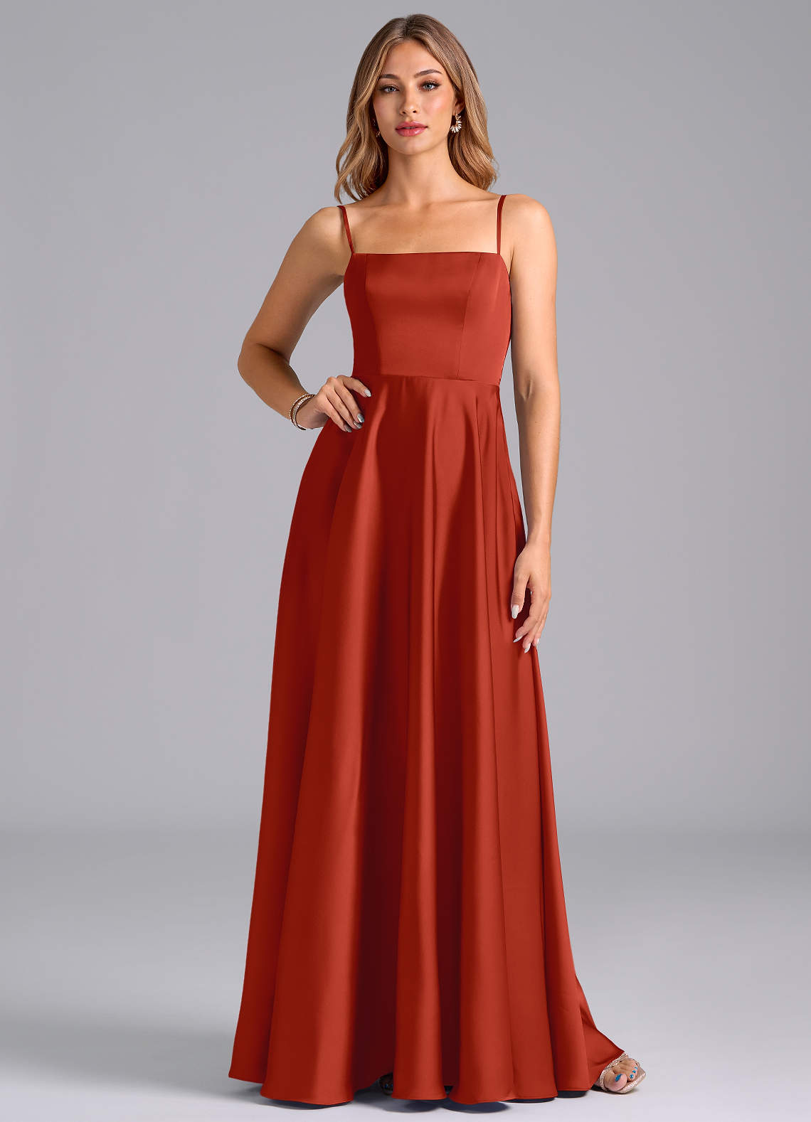 Azazie Elita Bridesmaid Dresses Rust A-Line Pleated Stretch Satin Dress image1