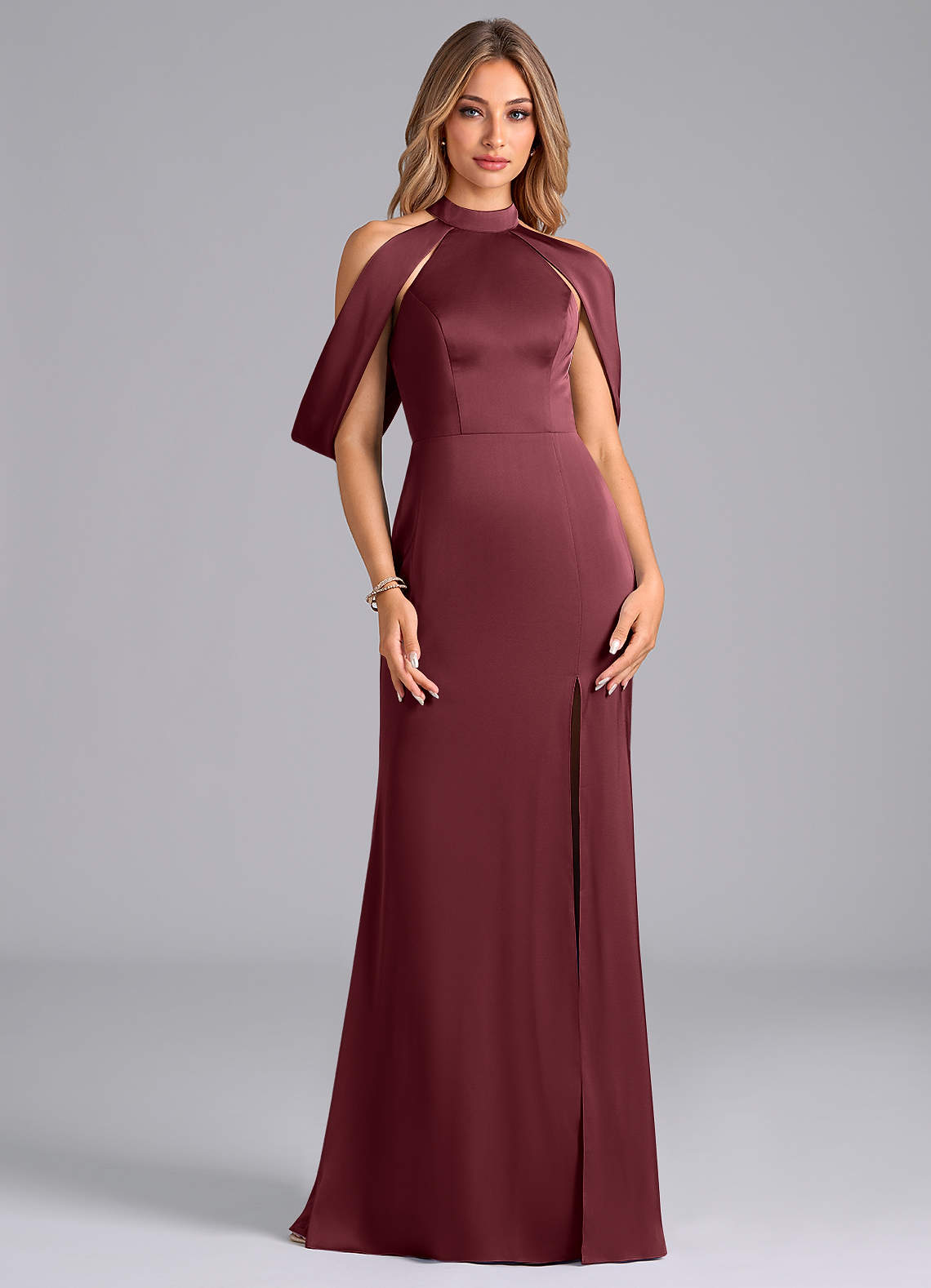 Azazie Bonny Bridesmaid Dresses Merlot Mermaid Off the Shoulder Stretch Satin Dress image1