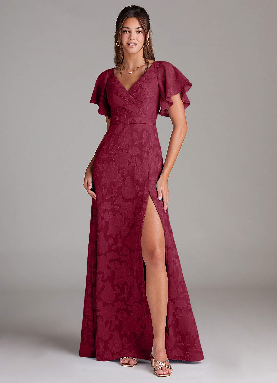 Azazie Ambrosia Brautjungfernkleider A-Linie Plissee Blumen-Burnout Kleid Burgunderrot image1