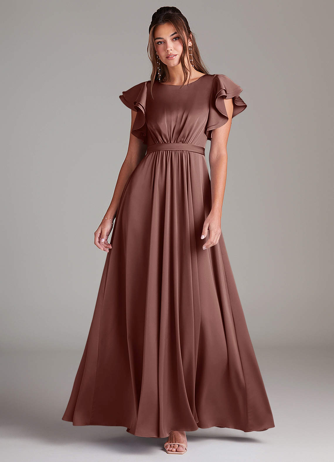 Azazie Daphne Robes de demoiselle d'honneur modestes Robe Trapèze Rayé Longueur ras du sol Satin extensible image1