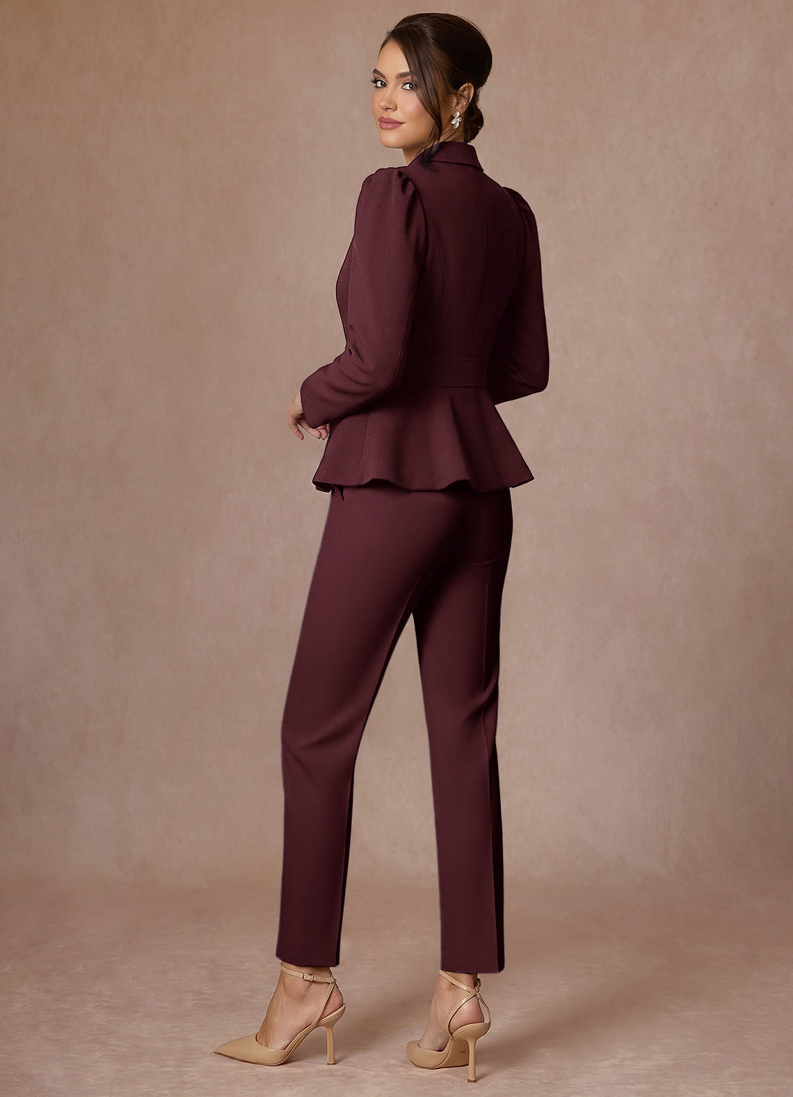 front Amara Cabernet Refined Weave Tailored Peplum Pantsuit