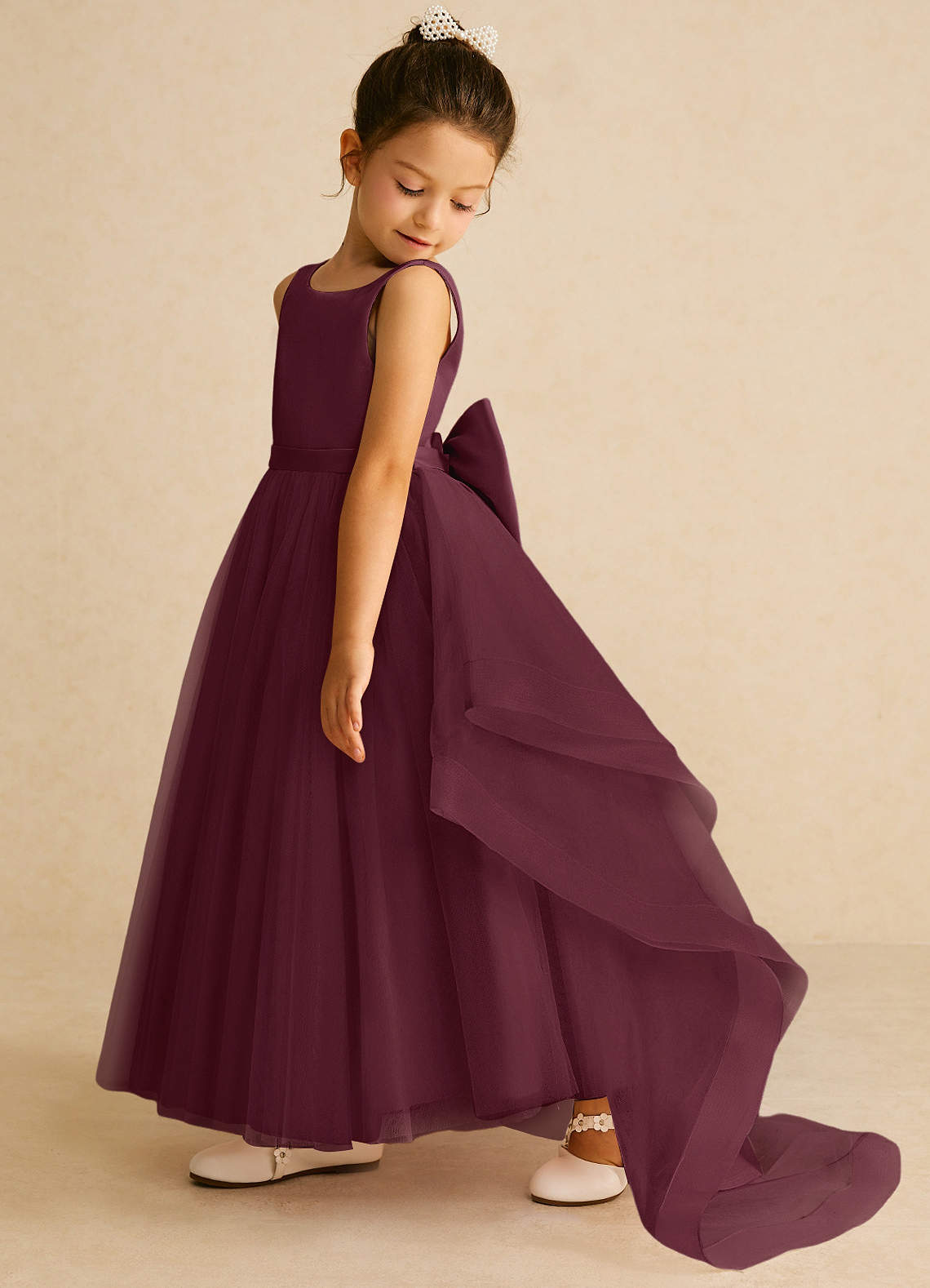 Azazie Pumpkin Flower Girl Dresses Cabernet A-Line Bow Tulle Dress image3