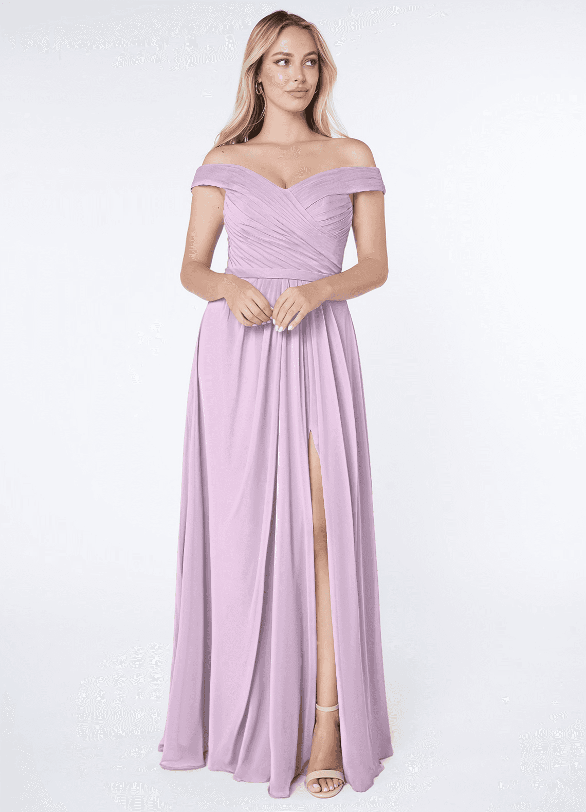 Azazie Audrianna Bridesmaid Dresses Frosted Lilac A-Line Off-The-Shoulder Gathered Chiffon Convertible Dress image1