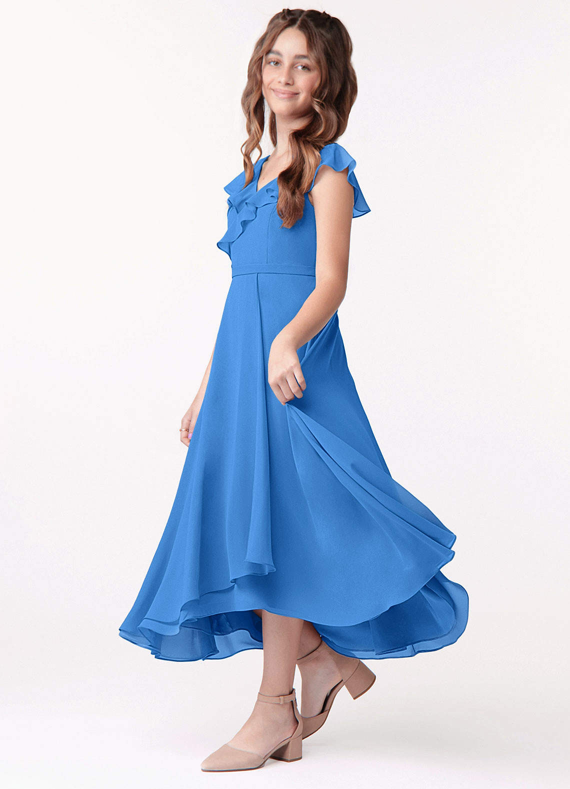 Azazie Posie Junior Blue Jay A-Line Ruched Chiffon Dress image1