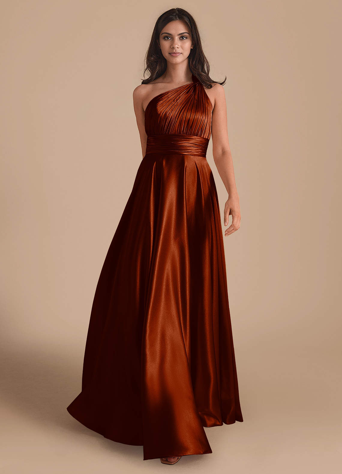 Azazie Charlize Bridesmaid Dresses Auburn A-Line One Shoulder Metallic Satin Dress image1