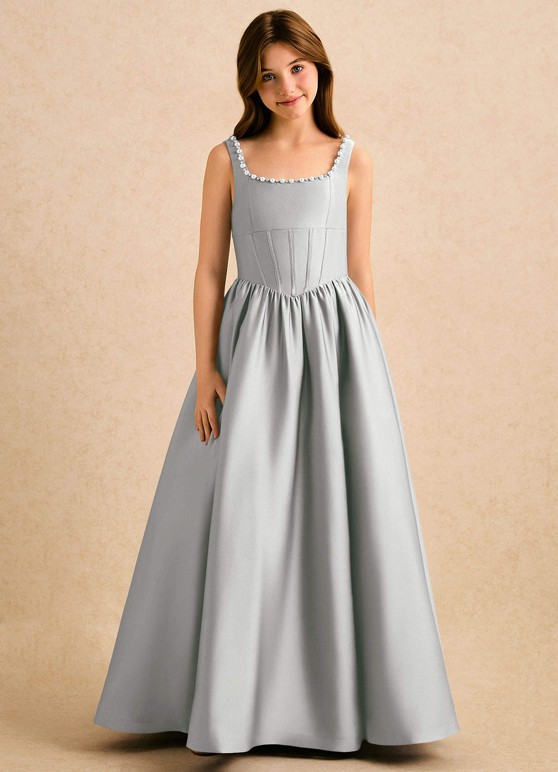 Azazie Enid Girls Formal Kukkatyttöjen mekot A-linja Helmillä koristeltu Joustava satiini Lattian pituus Mekko image4