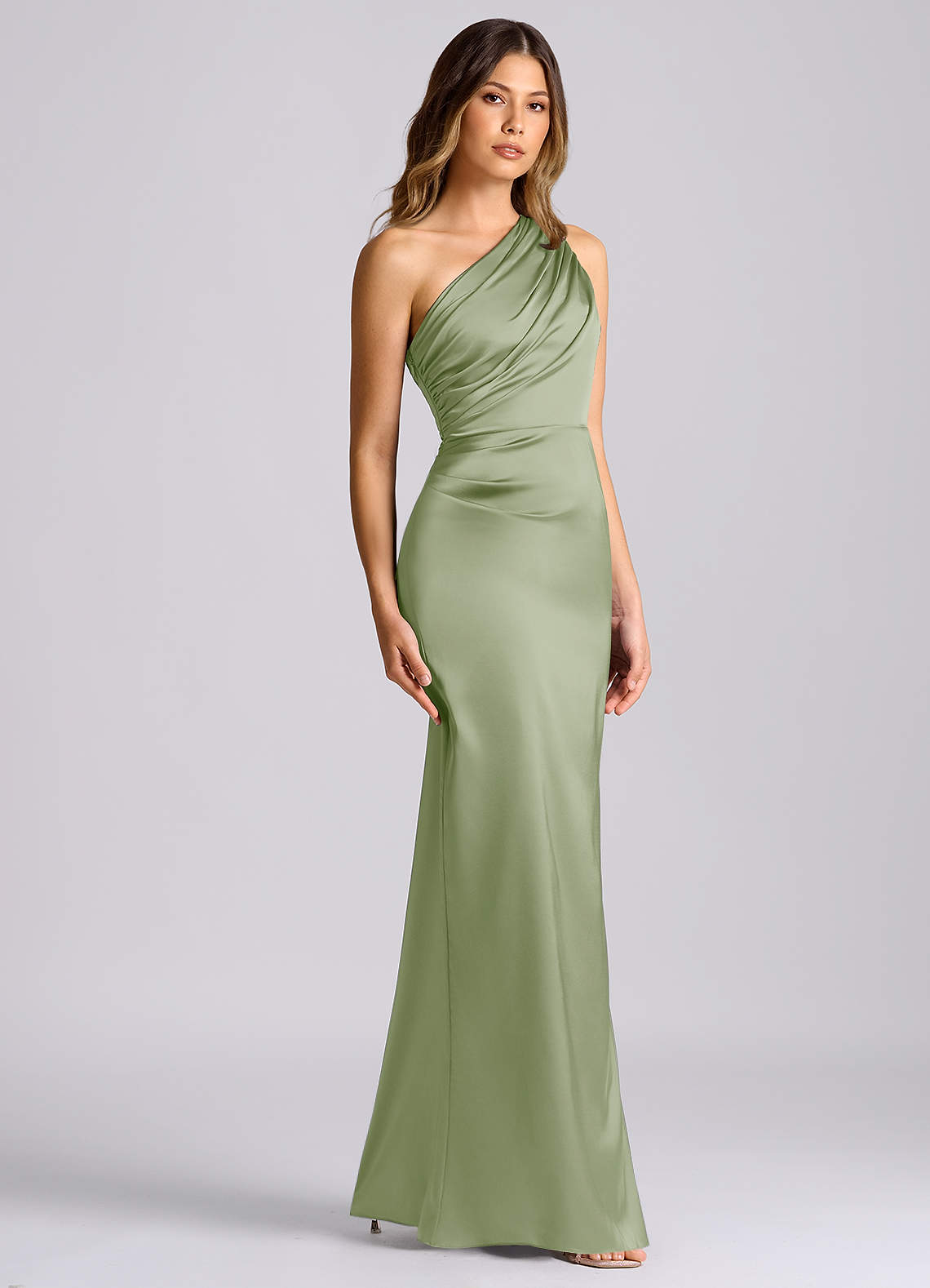 Azazie Akilah Jurken voor bruidsmeisjes Jurk van Stretch Satijn met Zeemeermin One-Shoulder Stoffige Salie image2