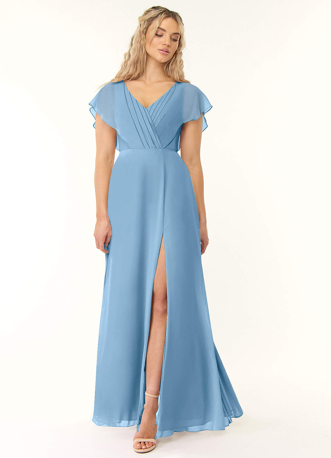 Azazie Rylee Bridesmaid Dresses Steel Blue A-Line Pleated Chiffon Dress image1