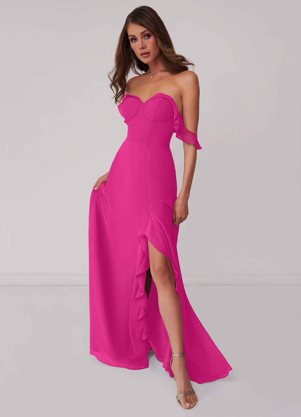 Barbie ♥ Azazie Brautjungfernkleider Wandelbar A-Linie Schulterfrei Chiffon Kleid Barbie Pink image1