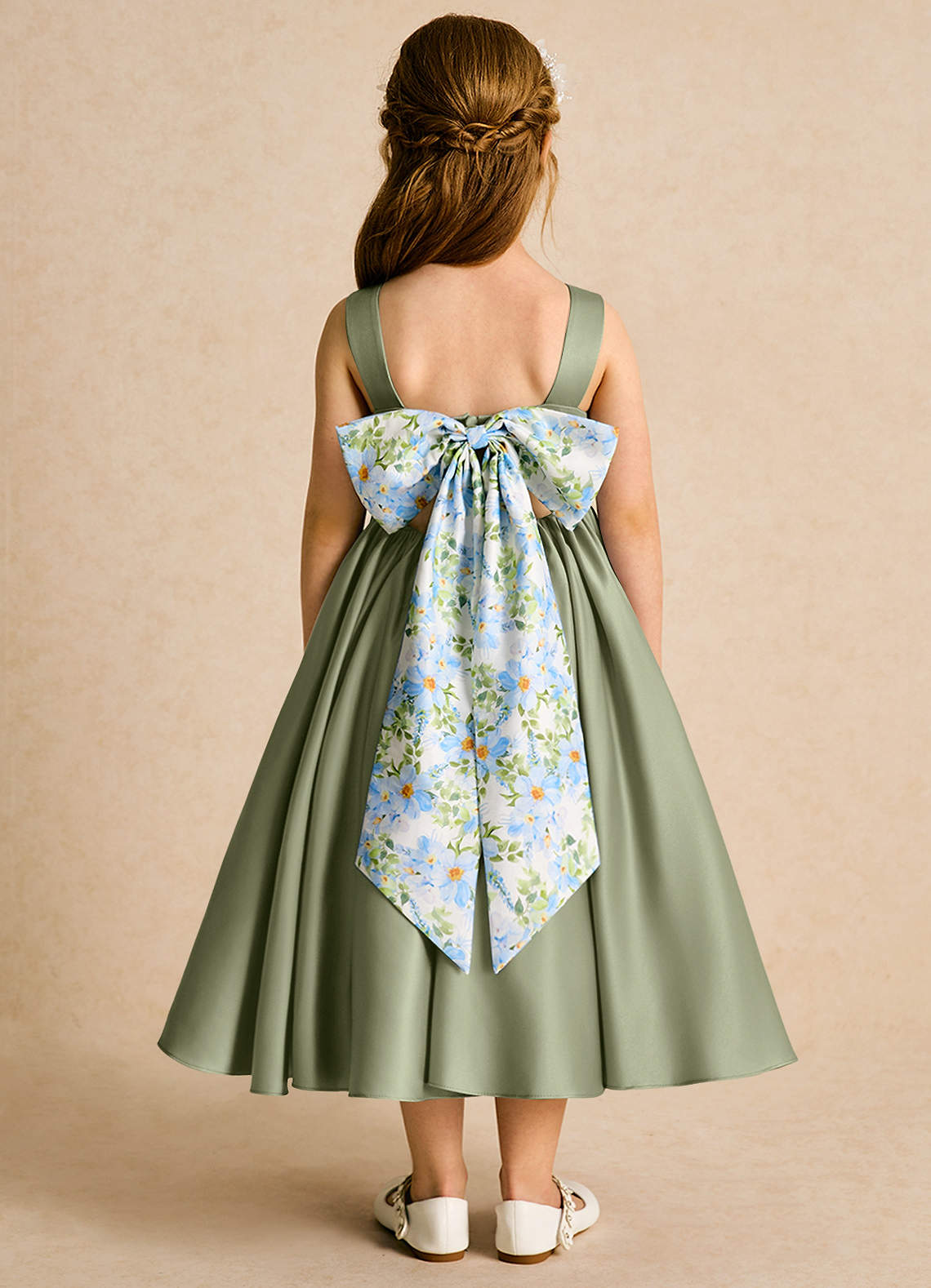 Azazie Doodlebug Flower Girl Dresses Pistachio A-Line Bow Matte Satin Dress image1